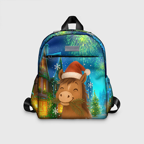 Детский рюкзак Новогодняя лошадка жует елочные ветки / 3D-принт – фото 1