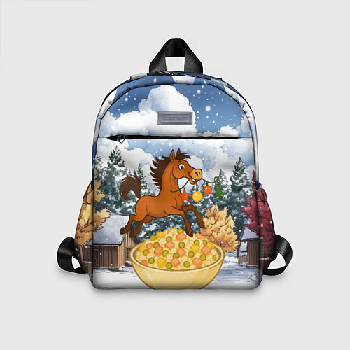 Детский рюкзак Новогодняя лошадка прыгает через оливье / 3D-принт – фото 1