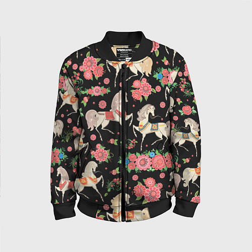 Детский бомбер Лошади и цветы / 3D-Черный – фото 1