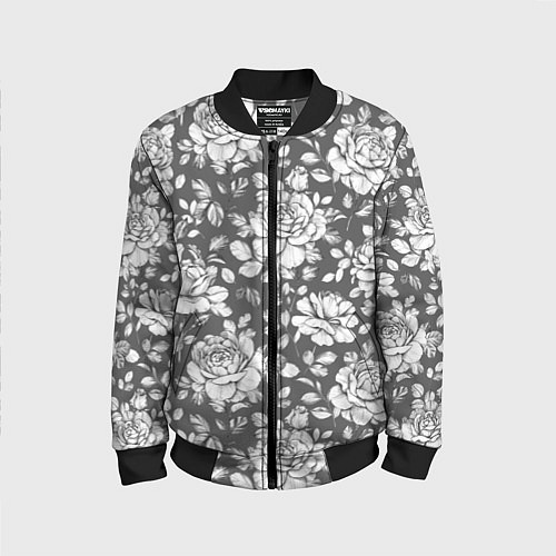 Детский бомбер Крупные белые розы на сером фоне / 3D-Черный – фото 1
