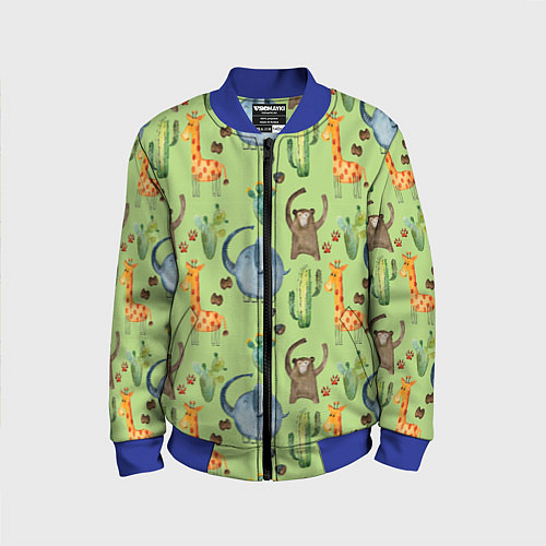 Детский бомбер Африканские животные - слон обезьянка жираф / 3D-Синий – фото 1