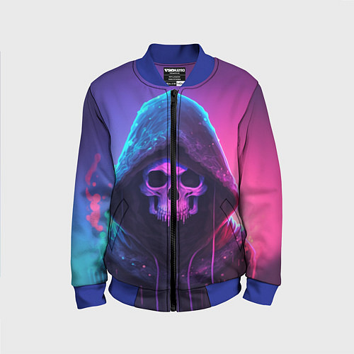 Детский бомбер Неоновый череп в капюшоне / 3D-Синий – фото 1