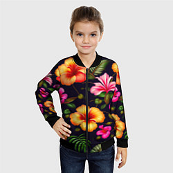 Бомбер детский Гавайские цветы узор, цвет: 3D-черный — фото 2