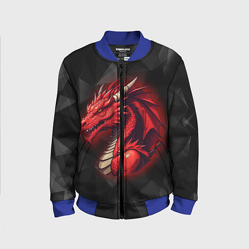 Детский бомбер Красный дракон на полигональном черном фоне / 3D-Синий – фото 1
