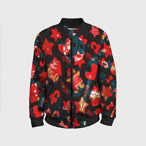 Детский бомбер Рождественские узоры красные / 3D-Черный – фото 1