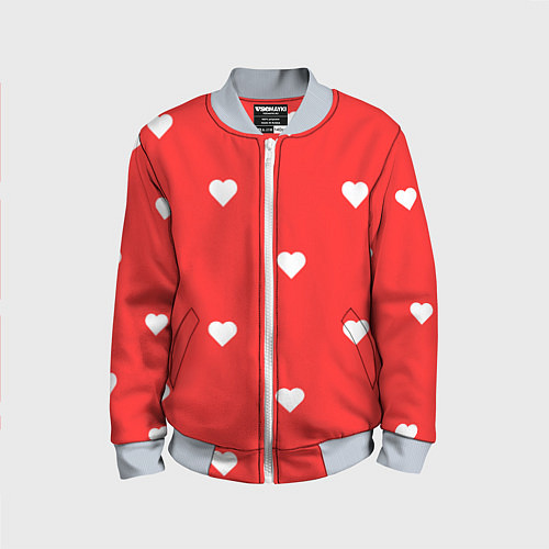 Детский бомбер Белые сердца на красном фоне / 3D-Серый – фото 1