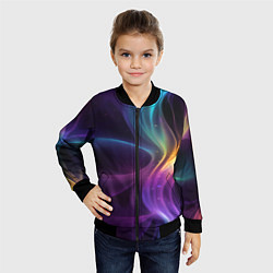 Бомбер детский Радужные неоновые волны и разводы на черном фоне, цвет: 3D-черный — фото 2
