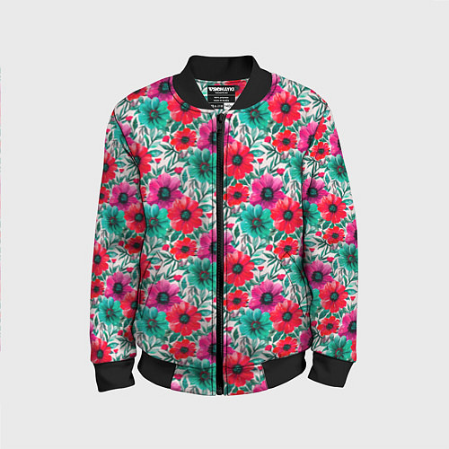 Детский бомбер Анемоны цветы яркий принт / 3D-Черный – фото 1