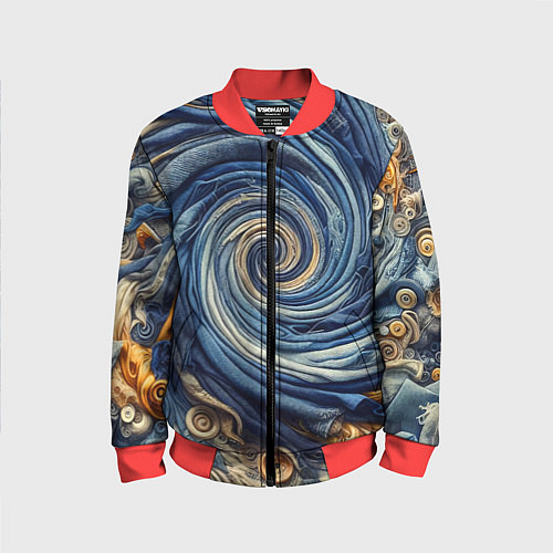 Детский бомбер Воронка из джинсы и пуговиц - нейросеть / 3D-Красный – фото 1