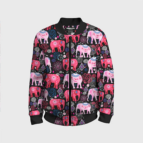 Детский бомбер Орнамент разноцветных слонов / 3D-Черный – фото 1