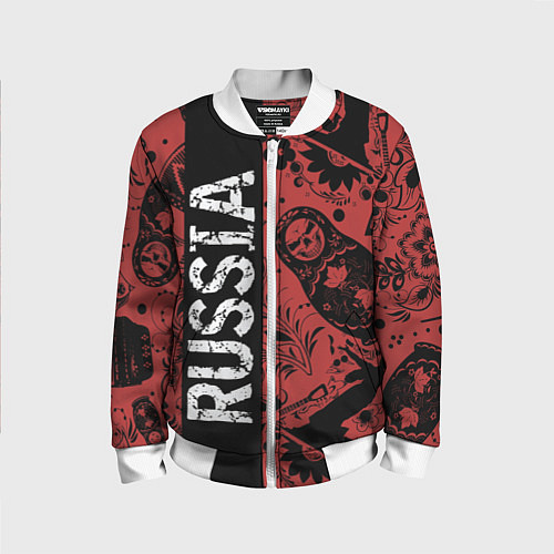 Детский бомбер Россия на фоне матрёшек балалайки и славянских узо / 3D-Белый – фото 1