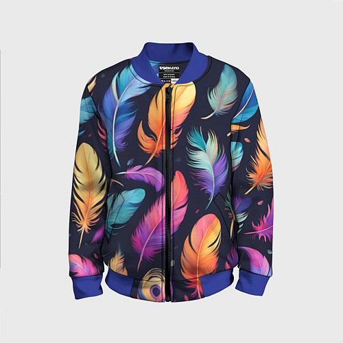 Детский бомбер Разноцветные переливающиеся перья / 3D-Синий – фото 1