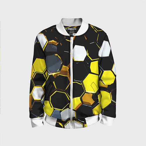 Детский бомбер Жёлто-белые шестиугольники на чёрном фоне / 3D-Белый – фото 1