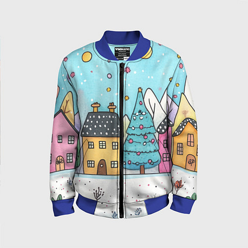 Детский бомбер Новогодние рисованные домики / 3D-Синий – фото 1