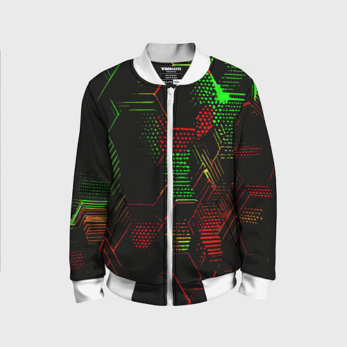 Детский бомбер Красно-зелёные точки и линии на чёрном фоне / 3D-Белый – фото 1