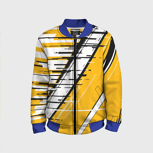 Детский бомбер Чёрно-белые глитч полосы на жёлтом фоне / 3D-Синий – фото 1