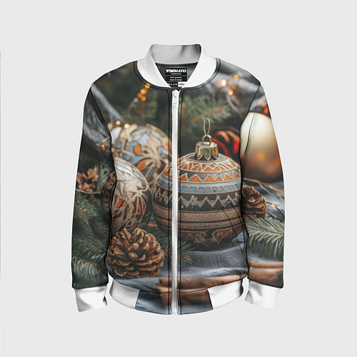 Детский бомбер Новогодние шары и шишки / 3D-Белый – фото 1