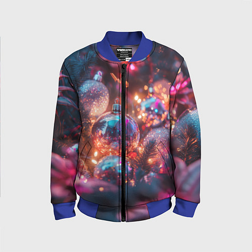 Детский бомбер Новогодние шары и фиолетовые блески / 3D-Синий – фото 1