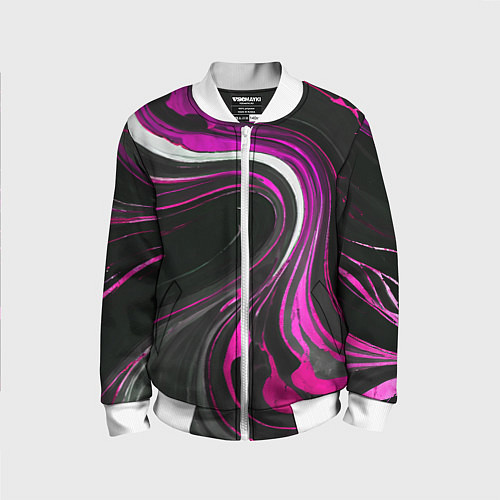 Детский бомбер Волнистые бело-розовые линии на чёрном фоне / 3D-Белый – фото 1