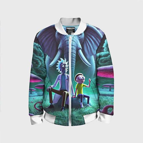 Детский бомбер Рик и Морти - портрет на фоне слона / 3D-Белый – фото 1