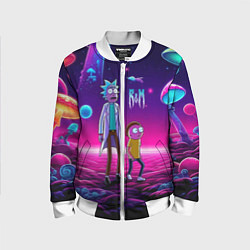 Бомбер детский Морти и Рик на планете неоновых сказочных грибов, цвет: 3D-белый