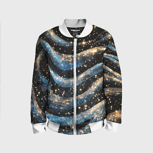 Детский бомбер Волнистые синие линии на черном / 3D-Белый – фото 1