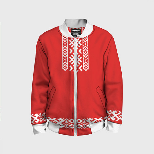 Детский бомбер Славянский узор на красном - вышиванка рубаха крас / 3D-Белый – фото 1