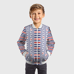 Бомбер детский Полосатый морской орнамент с якорями, цвет: 3D-белый — фото 2