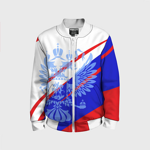 Детский бомбер Герб на фоне цветов флага бело-сине-красный / 3D-Белый – фото 1