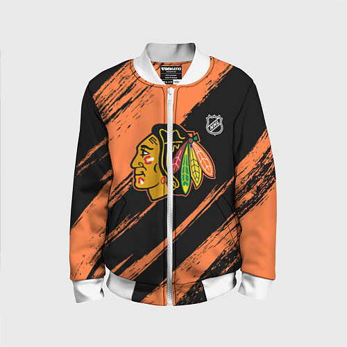 Детский бомбер Чикаго Блэкхокс - фон с оранжевыми потертостами / 3D-Белый – фото 1