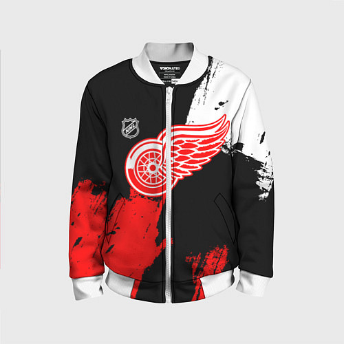 Детский бомбер Детройт Ред Уингз - брызги краска на черном фоне / 3D-Белый – фото 1
