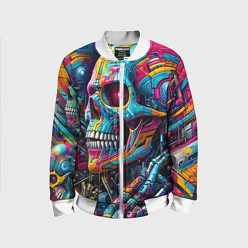 Детский бомбер Cyber skull - pattern / 3D-Белый – фото 1