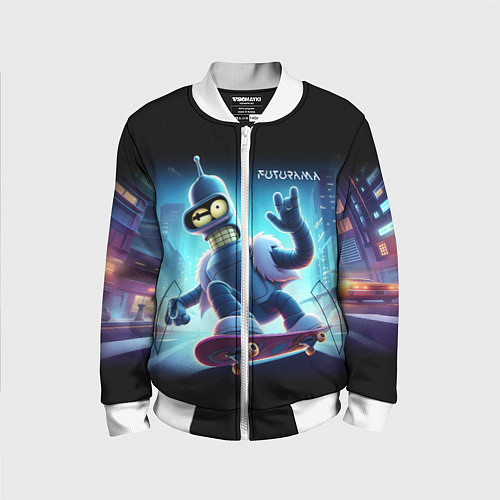 Детский бомбер Bender is a skateboarder in neon street - ai art / 3D-Белый – фото 1