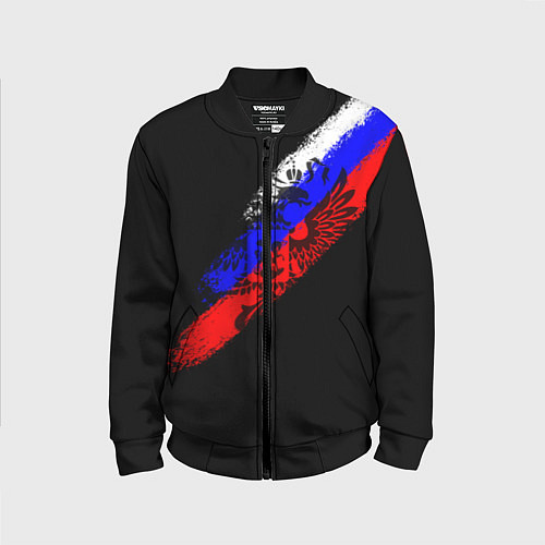 Детский бомбер Герб на фоне цветов флага на чёрном фоне / 3D-Черный – фото 1