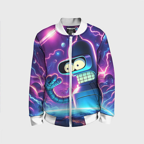 Детский бомбер Bender in neon space - cartoon Futurama / 3D-Белый – фото 1
