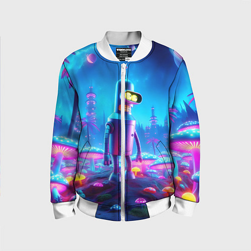 Детский бомбер Бендер на сказочной неоновой грибной планете - ней / 3D-Белый – фото 1