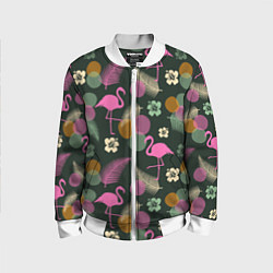 Бомбер детский Фламинго и листья на темно-зеленом, цвет: 3D-белый