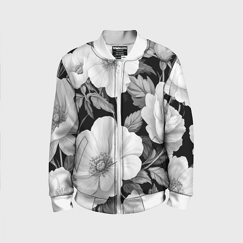 Детский бомбер Чёрно-серый цветочный паттерн / 3D-Белый – фото 1