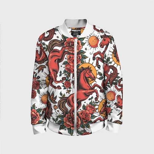 Детский бомбер Красный конь в стиле татуировки / 3D-Белый – фото 1