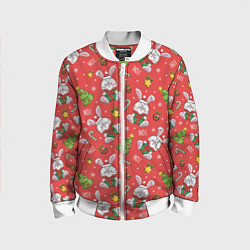 Бомбер детский Новогодний паттерн с зайчиком, цвет: 3D-белый