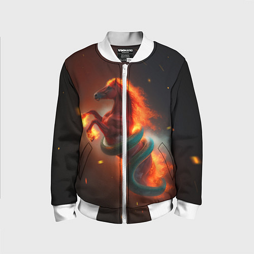 Детский бомбер Смена зелёной змеи на красную огненную лошадь / 3D-Белый – фото 1