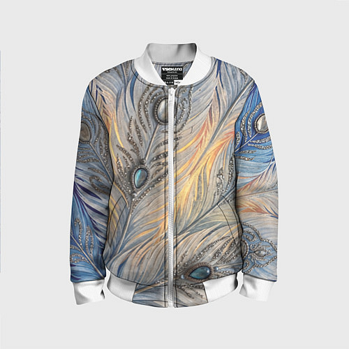 Детский бомбер Синие перья с самоцветами / 3D-Белый – фото 1
