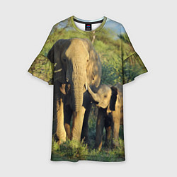 Платье клеш для девочки Семья слонов в природе, цвет: 3D-принт