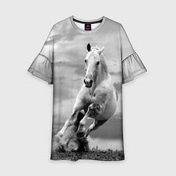 Платье клеш для девочки Белая лошадь в степи, цвет: 3D-принт