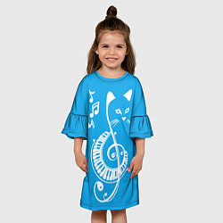 Платье клеш для девочки Котик Меломан голубой, цвет: 3D-принт — фото 2