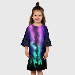 Платье клеш для девочки Силуэт оленя северное сияние, цвет: 3D-принт — фото 2