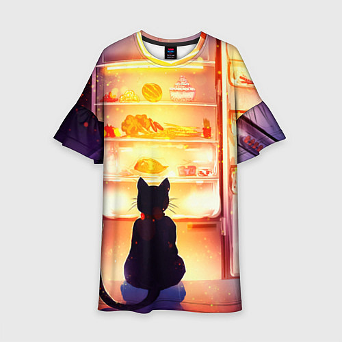 Детское платье Черный кот холодильник ночь / 3D-принт – фото 1