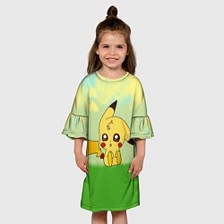 Платье клеш для девочки Пикачу на травке, цвет: 3D-принт — фото 2