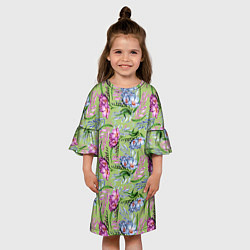 Платье клеш для девочки Акварельные фрезии - фон киви, цвет: 3D-принт — фото 2