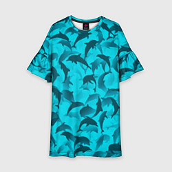 Детское платье Синий камуфляж с дельфинами